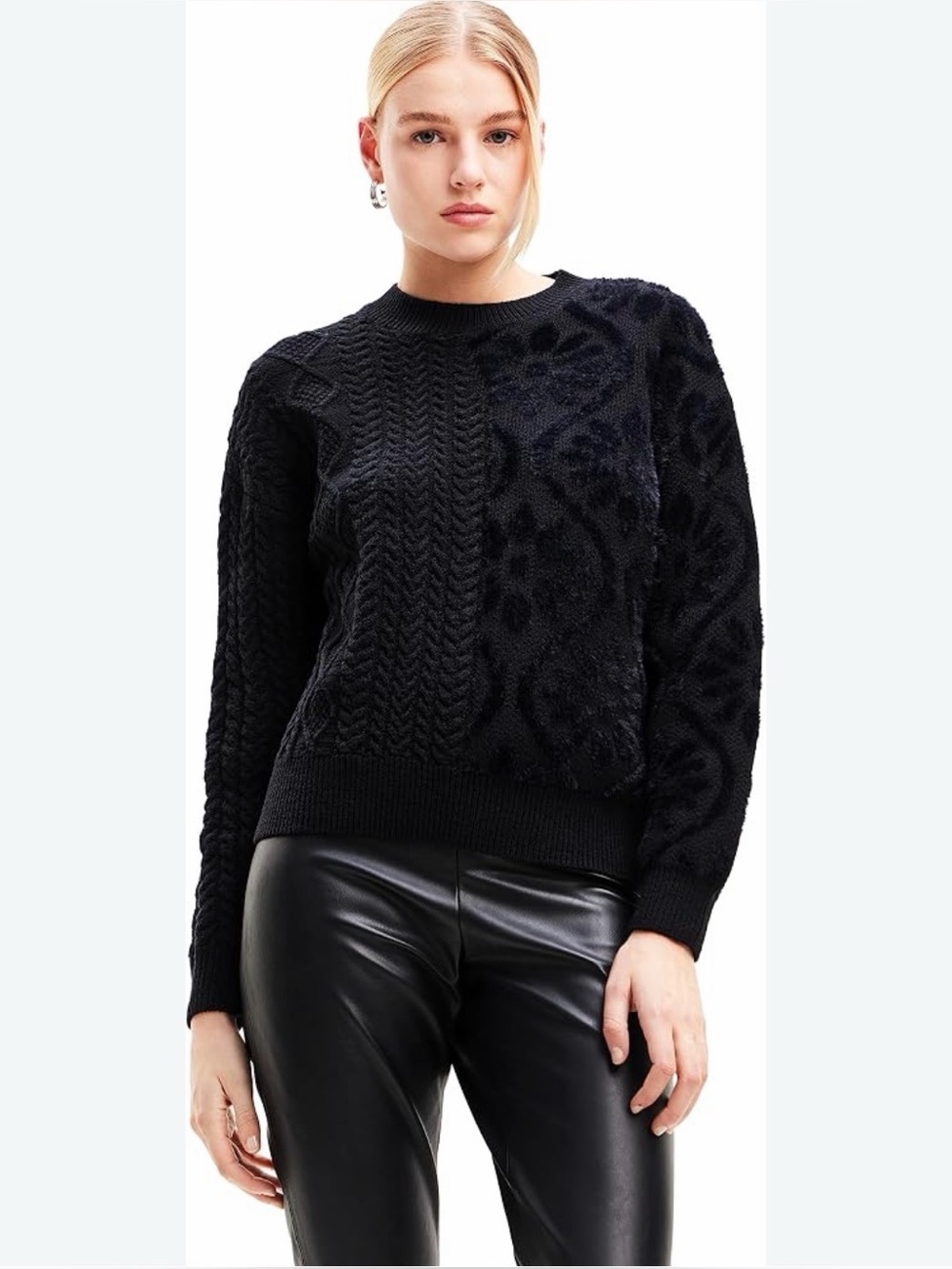 Desigual Black Textured Cable & Floral Crewneck Sweater